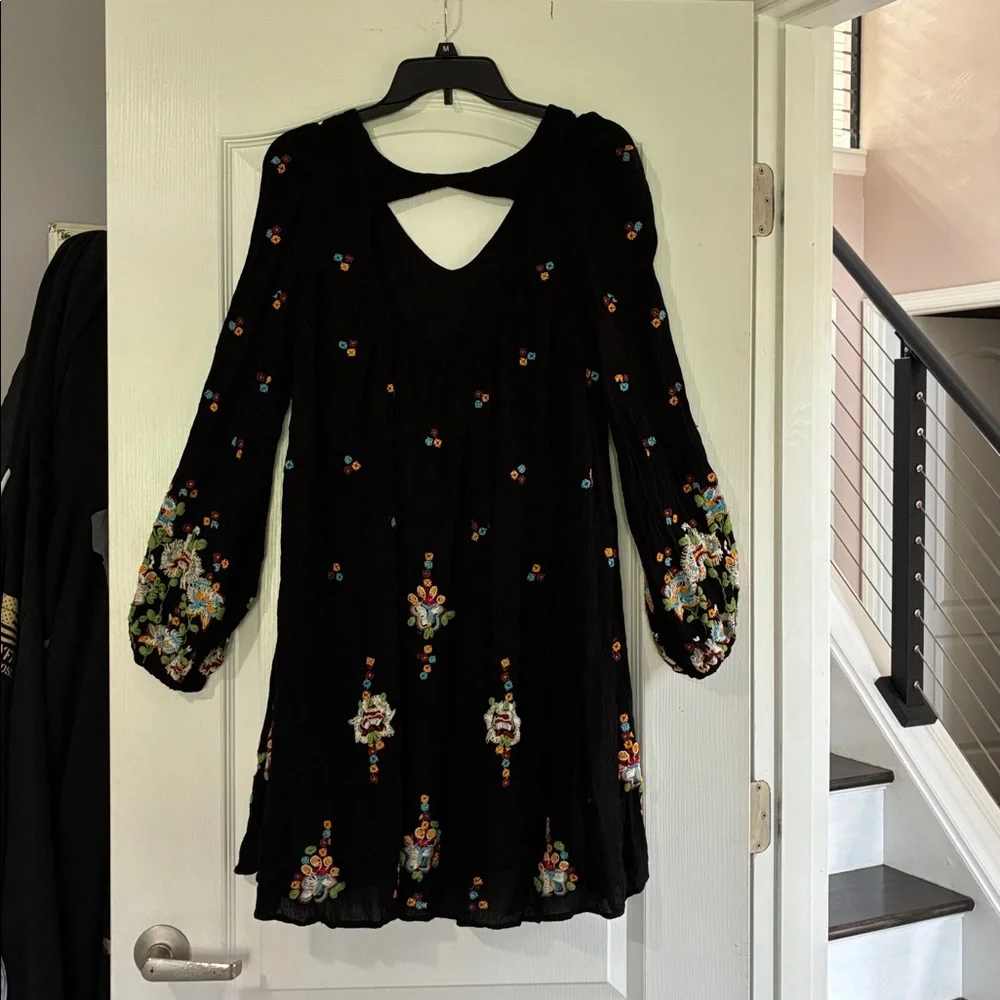 Free People Black Long Sleeve Embroidered Mini Dress